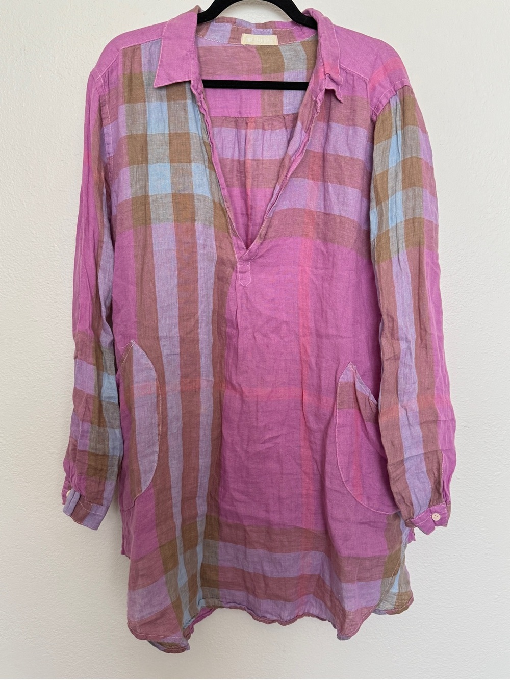 CP Shades 100% Linen Pink Plaid Oversized Tunic Shirt Dress L - Picture 8 of 9